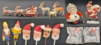 Assorted Vintage Santa Claus & Reindeer-Themed Decorations & Appetizer Picks, Many Stamped Hong Kong (Wood Pick Made in Japan), Sleigh & Reindeer 5.5" Long