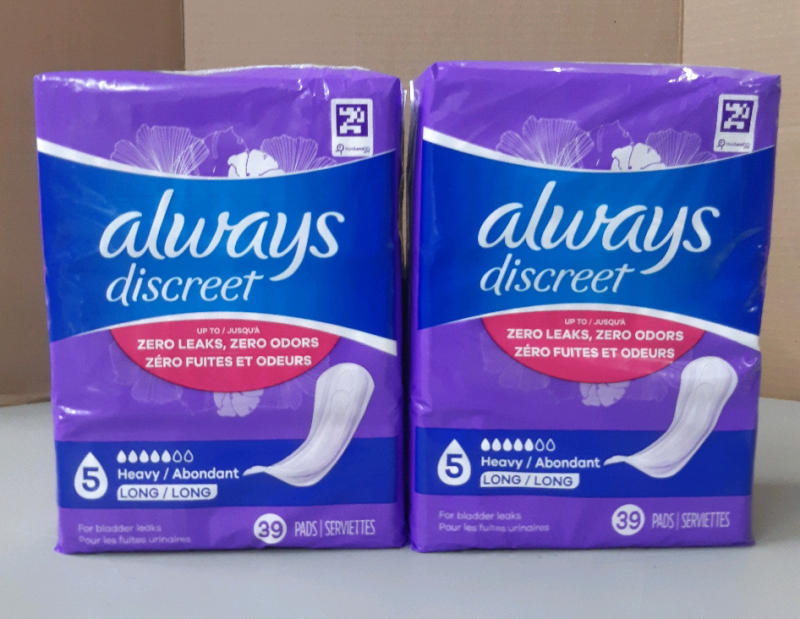 New 2 packages 39 count each Always Discreet pads