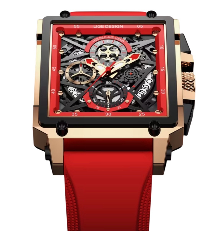 New Luxury LIGE Watch Trending Red and Black Quartz Watch Style Square Dial Digital Display Rotating Bezel Elegant Robust Construction Boxed Stock photo added