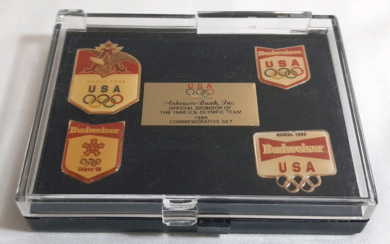 1988 Budweiaer Olympic Metal Pin Set | Display is 4" Wide, 3&frac12;" Long