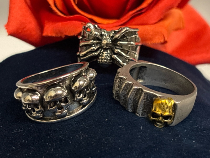 3 Statement Band Rings Skulls and Spider Wide Bands Sizes 10 8 and Adjustable 7