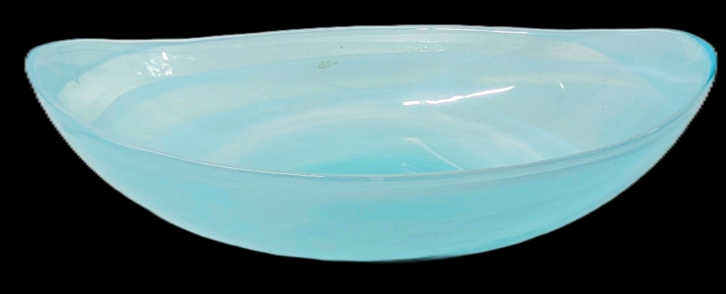 Large Swirled White & Blue Glass Bowl, 8.5" &times; 13.5" &times; 4" Tall, No Chips or Cracks, Some Flaking & Peeling to Outer Layer