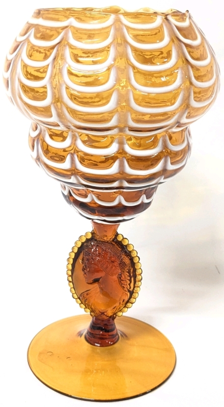 Large Vintage Unsigned Italy Lavorazione Empoli Draped Amber Cameo Art Glass Compote / Vase - 11.5" Tall, No Chips or Cracks, Some Bubble Inclusions