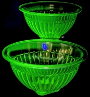 2 Vintage Unsigned Hazel Atlas Optic URANIUM Vaseline Glass Ribbed Nesting Bowls, 6.8" - 7.75" Diameter &times; 3.5" - 3.75" Tall, No Chips or Cracks, Heavy Utensil Wear Inside