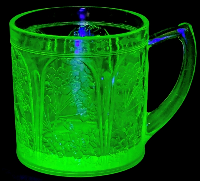 Vintage Cherries & Blossoms Pattern URANIUM Vaseline Glass Cup with Handle, No Chips or Cracks