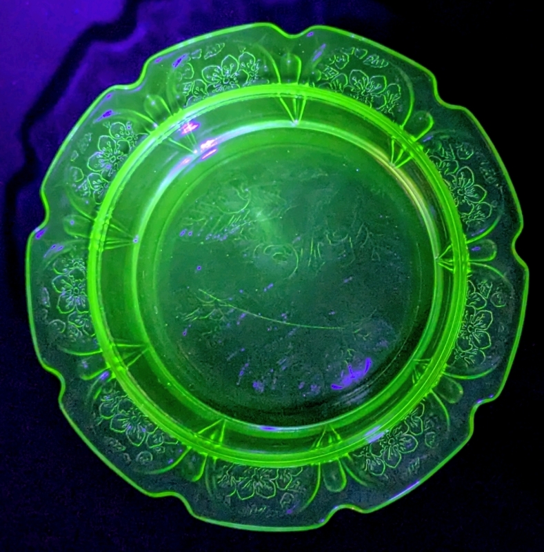 Vintage Cherries & Blossoms Pattern URANIUM Vaseline Glass Deep Rim Bowl w Scalloped Edge, 6" Diameter, No Chips, Shallow Crack in Bottom