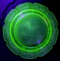 Vintage Cherries & Blossoms Pattern URANIUM Vaseline Glass Deep Rim Bowl w Scalloped Edge, 6" Diameter, No Chips, Shallow Crack in Bottom