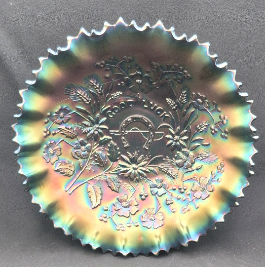 Beautiful Northwood Carnival Glass "Good Luck" Bowl 8.5" Diameter