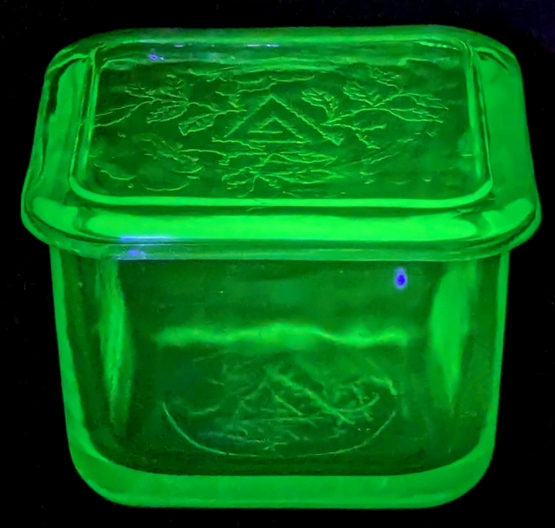 Vintage Covered URANIUM Vaseline Glass Refrigerator Dish with Triangle & Rose Branch Designs, 3.5" Tall, Small Chips & Fleabites Felt Along Inner Rim of Lip