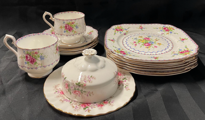 15 Vintage ROYAL ALBERT Dishes | Petit Point Pattern - 7 Side Plates (8&rdquo; square), 4 Saucers, 2 Teacups | Lavender Rose Patter - Butter Plate with Lid 6&rdquo; dia X 3&rdquo; tall
