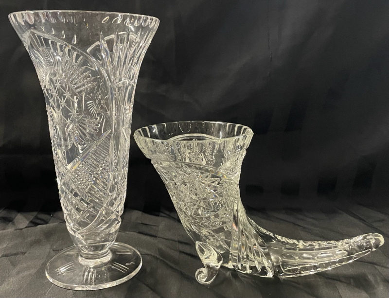 2 Vintage Cut Crystal Vases | Tallest Measures 11&rdquo; | Cornucopia has Scrolled Feet | No Chops or Cracks