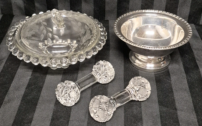 Vintage Silverplate & Glass Candy Dishes and 2 Crystal Knife Rests