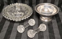 Vintage Silverplate & Glass Candy Dishes and 2 Crystal Knife Rests