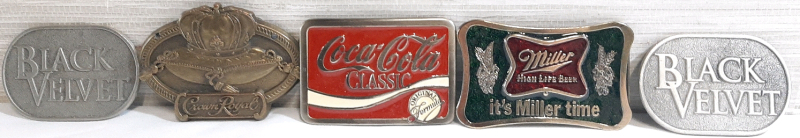 5 Metal Belt Buckles, Coca Cola, Miller, Crown Royal & Black Velvet | Buckles Are Roughly 3&frac12;" Wide, 2&frac12;" Tall