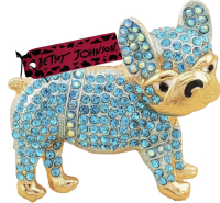 French Bulldog Brooch with Sky Blue Rhinestones Betsey Johnson Tagged Appropriately 2.20 x 2.4 inch Back Bale