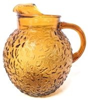 Vintage Unsigned Anchor Hocking Milano Lido Honey Gold Vintage Crinkled Ball Glass Pitcher with Pulled Glass Handle, 9" Tall, No Chips or Cracks