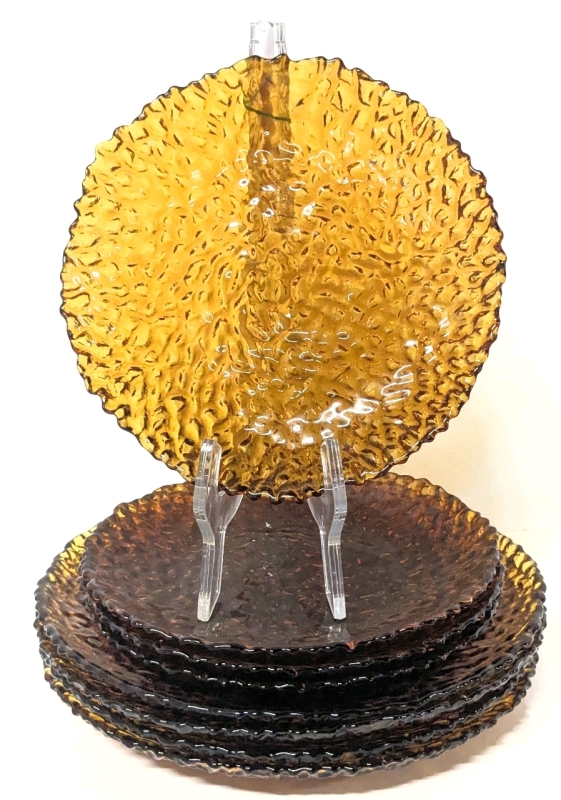 Set of 8 Vintage MCM Unsigned Artland Dapple Dark Amber Glass: 4&times; Salad Plates 8.5", 4&times; Dinner Plates 10.5"