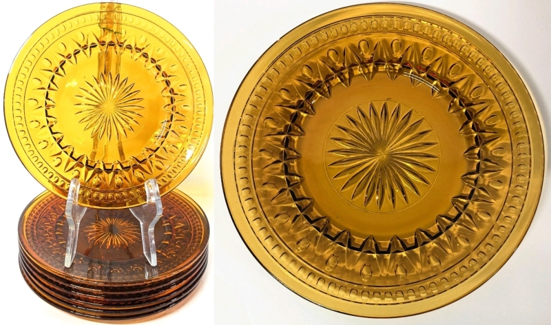 8 Vintage Unsigned INDIANA GLASS Amber Colony Park Lane Plates, 8.5&rdquo; Diameter Each, Some Chips Along Rims