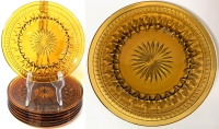 8 Vintage Unsigned INDIANA GLASS Amber Colony Park Lane Plates, 8.5&rdquo; Diameter Each, Some Chips Along Rims