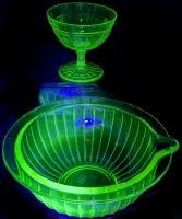 Vintage Ribbed URANIUM Vaseline Glass Mixing Bowl with Spout & Unsigned Hocking Princess Pattern URANIUM Glass Footed Sherbet Dish, Heavy Chipping Present on Both