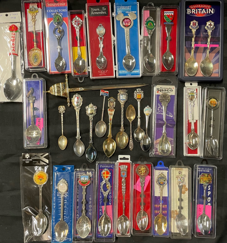 30+ Vintage Collectible Souvenir Spoons from N. America, Caribbean and Europe plus 8&rdquo; Letter Opener