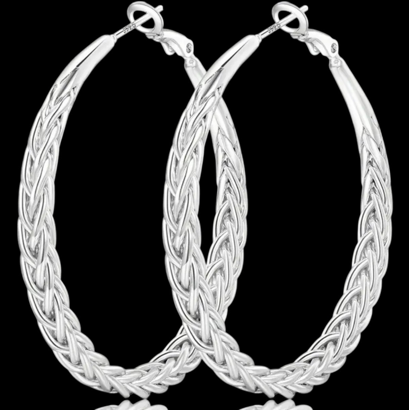 S925 Silver Stamped Twisted Rope design 2.25 inch Round Earrings Click in posts Stock added with model