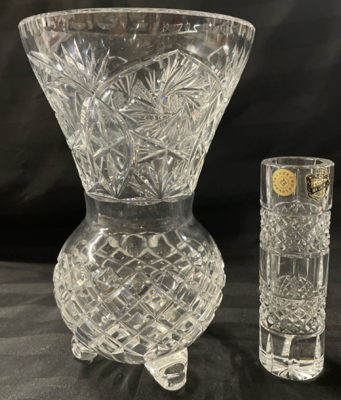 2 Vintage Cut Lead Crystal Glass Vases | Tallest is 10&rdquo; and features intricate cut patterns, including pinwheels and cross-hatch diamond cuts | Small Vase is vintage Belfor hand-cut lead crystal glass, manufactured in Czechoslovakia | No Chips or Cracks