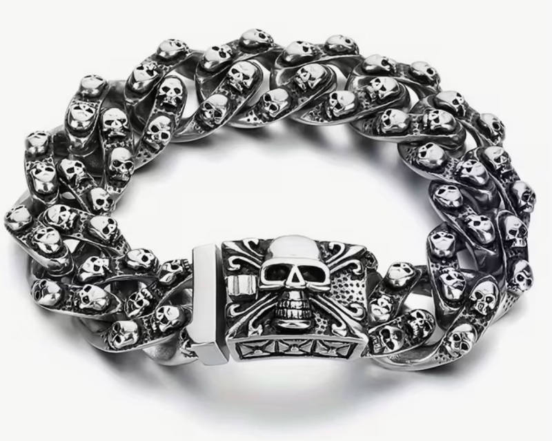 New Substantial Vintage Skull Head Titanium Steel Bracelet 316L Stainless Steel Beads Durable Box Clasp Still wrapped in Box Stock photos added 8.5 inch .08&rsquo;&rsquo; wide. Beautiful work