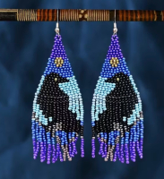 Handcrafted Gothic Crow Earrings Black Crow with Blue & Purple Bead Tassels Sheppard Hooks 3.75 inch