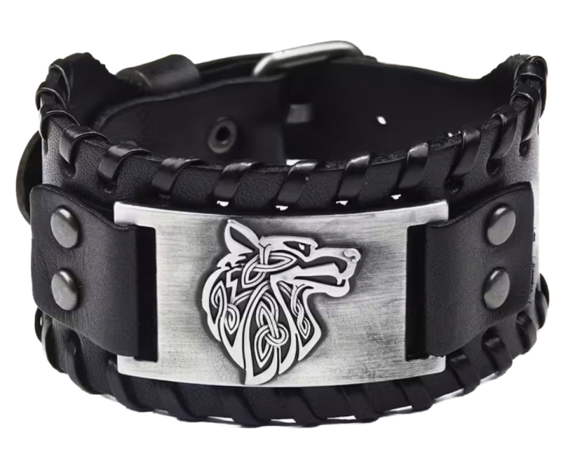 Vintage Nordic Leather Celtic Viking Wolf Fenrir Bracelet Black Buckle Clasp Approximately 7-9 inches Total length 10.5&rsquo;&rsquo;