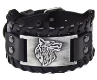 Vintage Nordic Leather Celtic Viking Wolf Fenrir Bracelet Black Buckle Clasp Approximately 7-9 inches Total length 10.5&rsquo;&rsquo;