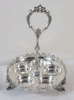 James Dixon & Sons 5pc. Crystal & Silverplate Cruet Set . Small Chip on one glass stopper - 2