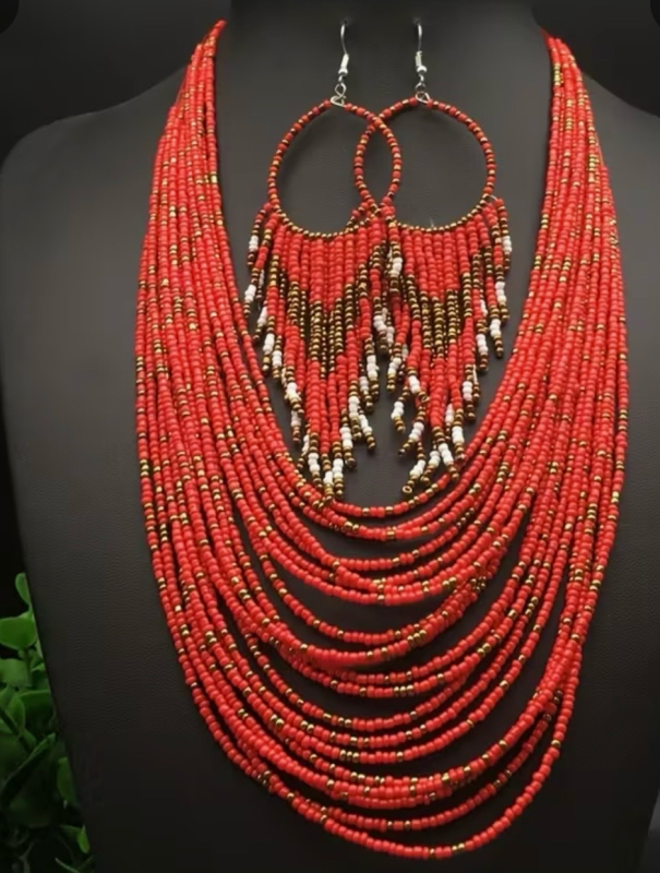 Vintage Bohemian 20 Strand Beaded Necklace and Earrings Set approx 18 -27 inch 2&rsquo;&rsquo; extender Earrings Sheppard hook 5.5 in drop stock photo added