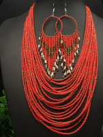 Vintage Bohemian 20 Strand Beaded Necklace and Earrings Set approx 18 -27 inch 2&rsquo;&rsquo; extender Earrings Sheppard hook 5.5 in drop stock photo added