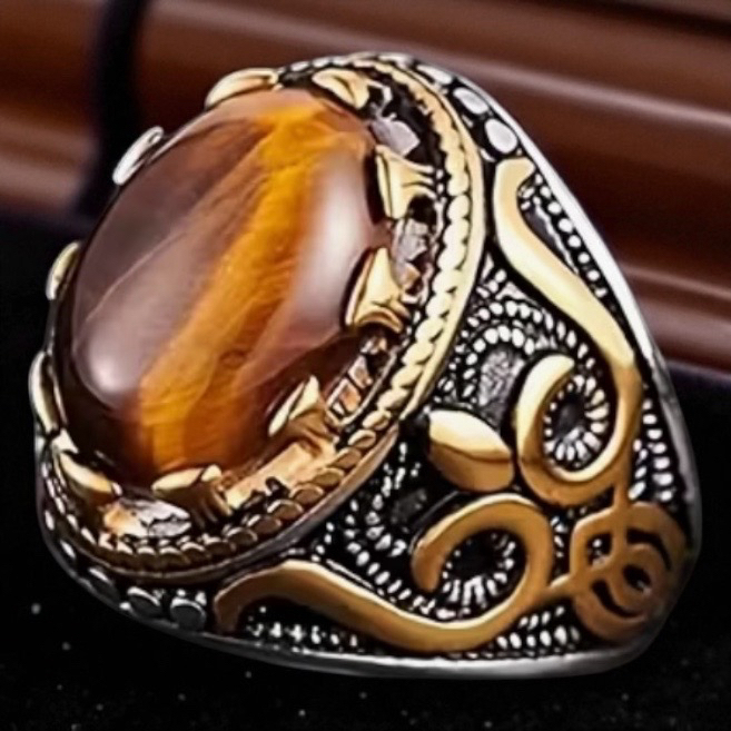 Vintage Palace Style Tiger Eye Ring Oval Intricate Metalwork Band Size 13 Claw Set