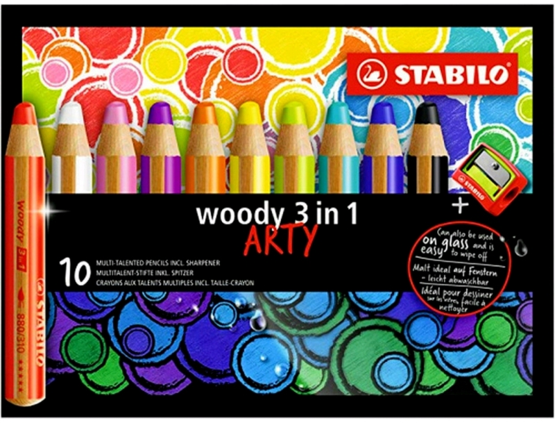 New STABILO Woody 3-in-1 ARTY Multi-Talented Art Pencils 10-Pack with Sharpener