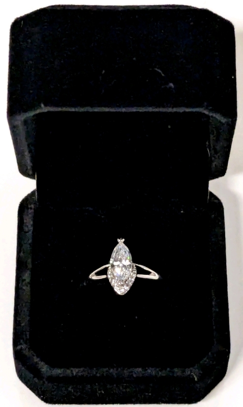 New Platinum Plated 1.0ct Marquise Cut Simulated Diamond Semi-Halo Ring, Size 6