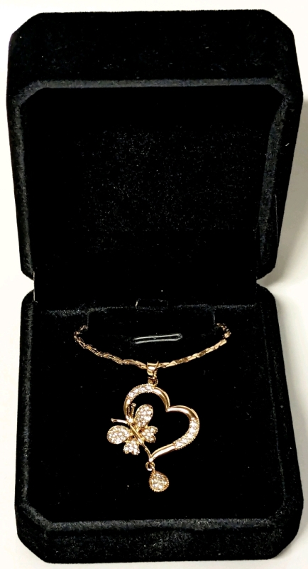 New 18K Gold Plated 36.00mm Heart Butterfly Necklace, Chain 18" Long