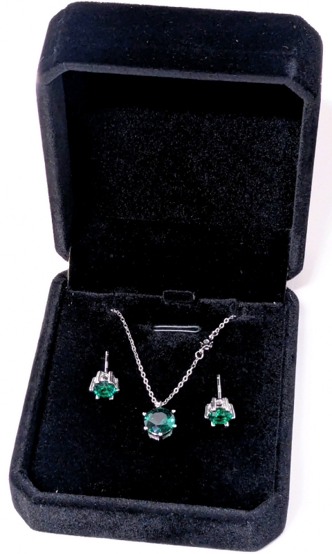 New Sterling Silver 2.0ct Lab-Created Emerald 3-Piece Earrings & Necklace Solitaire Set, Adjustable Chain 17" to 18", Mounted in 925 Sterling Silver with White Gold Overlay