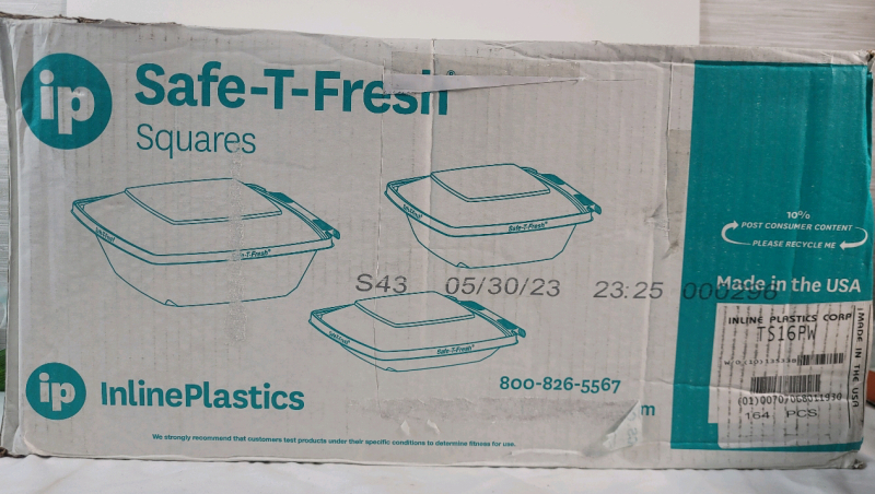 New - IP Inline Plastics Safe-T-Fresh Food Containers w/Lids Squares , 164 Count . Each measures 4.6"&times;4.6"&times; 2.6" . Clear