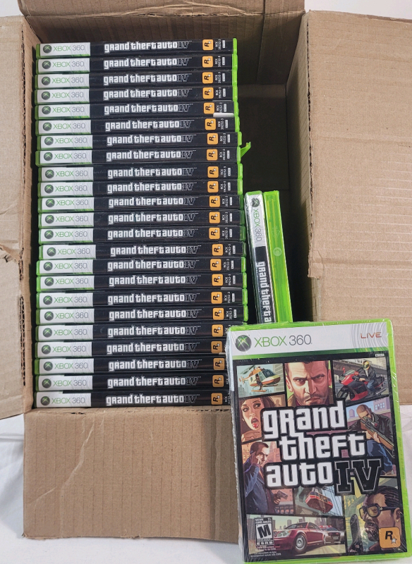 [Vendor Lot] 26 XBox 360 Grand Theft Auto IV Video Games . 2 Sealed Games , 23 Open Games & 1 Open w/No Cover .