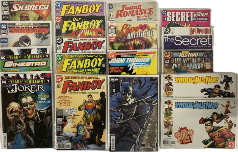 DC Comics Lot | The New Age of Heroes, Year of the Villain, a fanboy, Young Romance, DC Love is a Battlefield, Jonni Thunder, Dawn of DC-Batman 135, Young Justice | 18 Issues| Very Good or Higher Ungraded Condition
