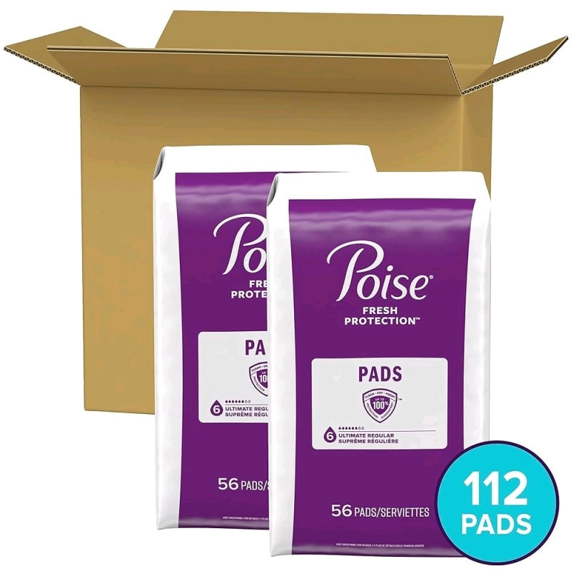 112 Poise Postpartum Incontinence Pads, Ultimate Absorbency, Regular Length. (2 Packs of 56)