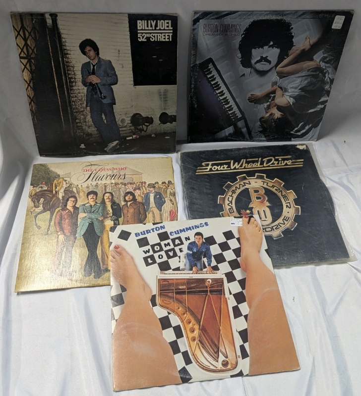 5 Vintage LP's | Billy Joel, Burton Cummings, Baxhman Turner Overdrive & The Guess Who. | See Photos for Titles | Scuffs and Scratches Present