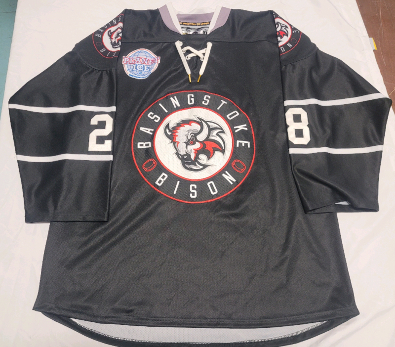 NIHL National League (English League) Basingstoke Bison Hockey Jersey , Size (XL) . #28 on Side and Back & SHEPPARD on Back