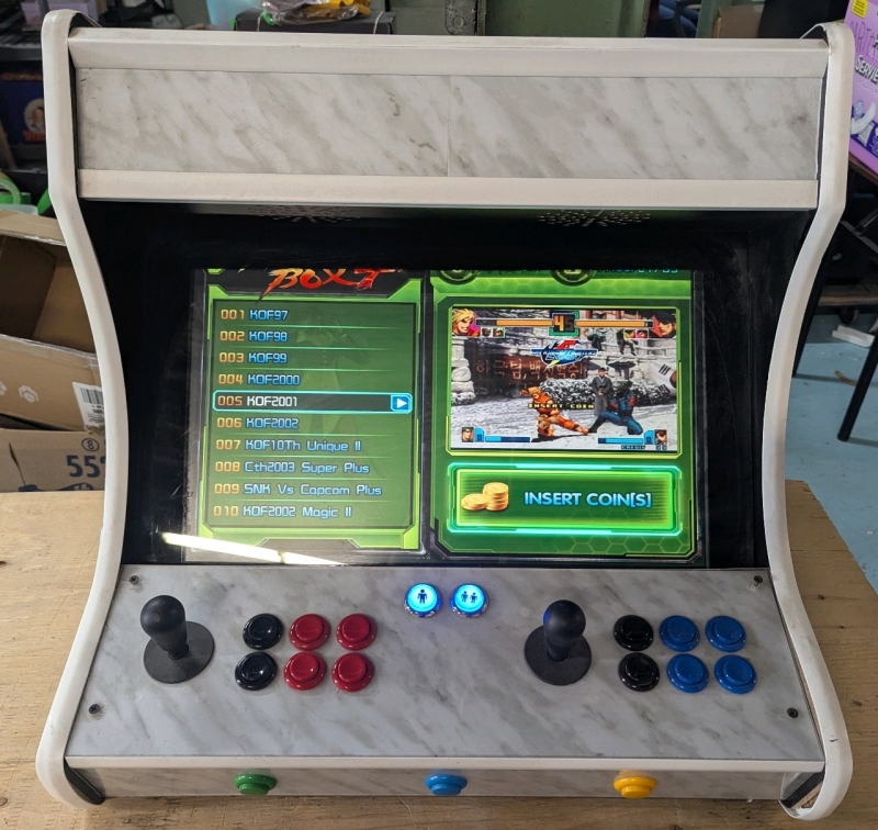 Custom Half Arcade Cabinet with Pandora's Box 4 Game Selection. Some Buttons not Functioning On Board. 21.5" Tall by 23.5" Wide by 18.25" Deep. Approximately 22" Screen