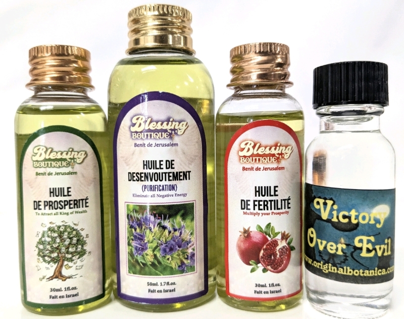 4 New Healing & Intent Oils : BLESSING BOUTIQUE Israel Oils of Prosperity, Purification & Fertility (30ml - 50ml) & ORIGINAL BOTANICA Victory Over Evil Oil (Approx 25ml)