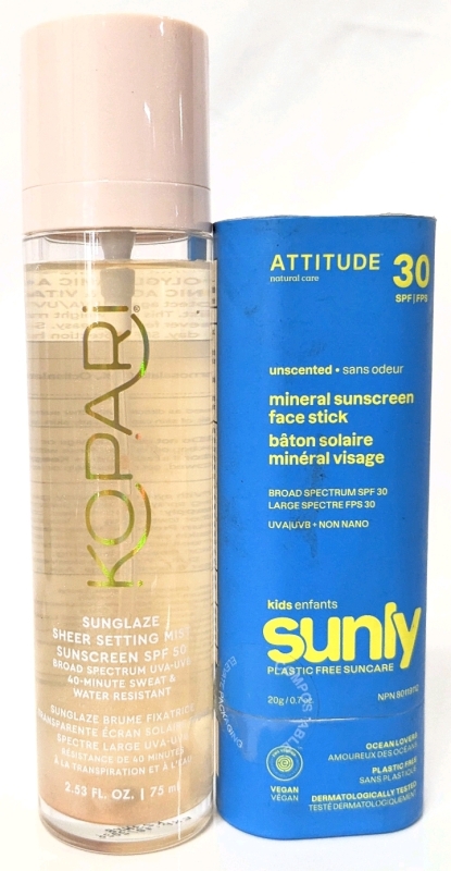 New KOPARI Sunglaze Sheer Setting Mist with SPF50 Broad Spectrum UVA/UVB (75ml) & ATTITUDE Sunly Kids 30SPF Unscented Mineral Sunscreen Face Stick (20g) - Earliest EXP 10/2026