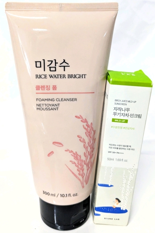 New The Face Shop Rice Water Bright Foaming Cleanser (300ml) & Round Lab Birch Juice Milf-Up SPF50+ Sunscreen (50ml) - Earliest EXP 08/2027