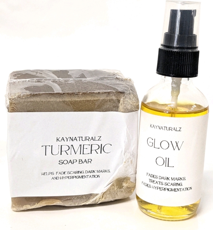 New KAYNATURALZ Turmeric Soap Bar & Glow Oil (2oz) Both Help Fade Scars, Dark Marks & Hyperpigmentation, Over $50 Retail Value